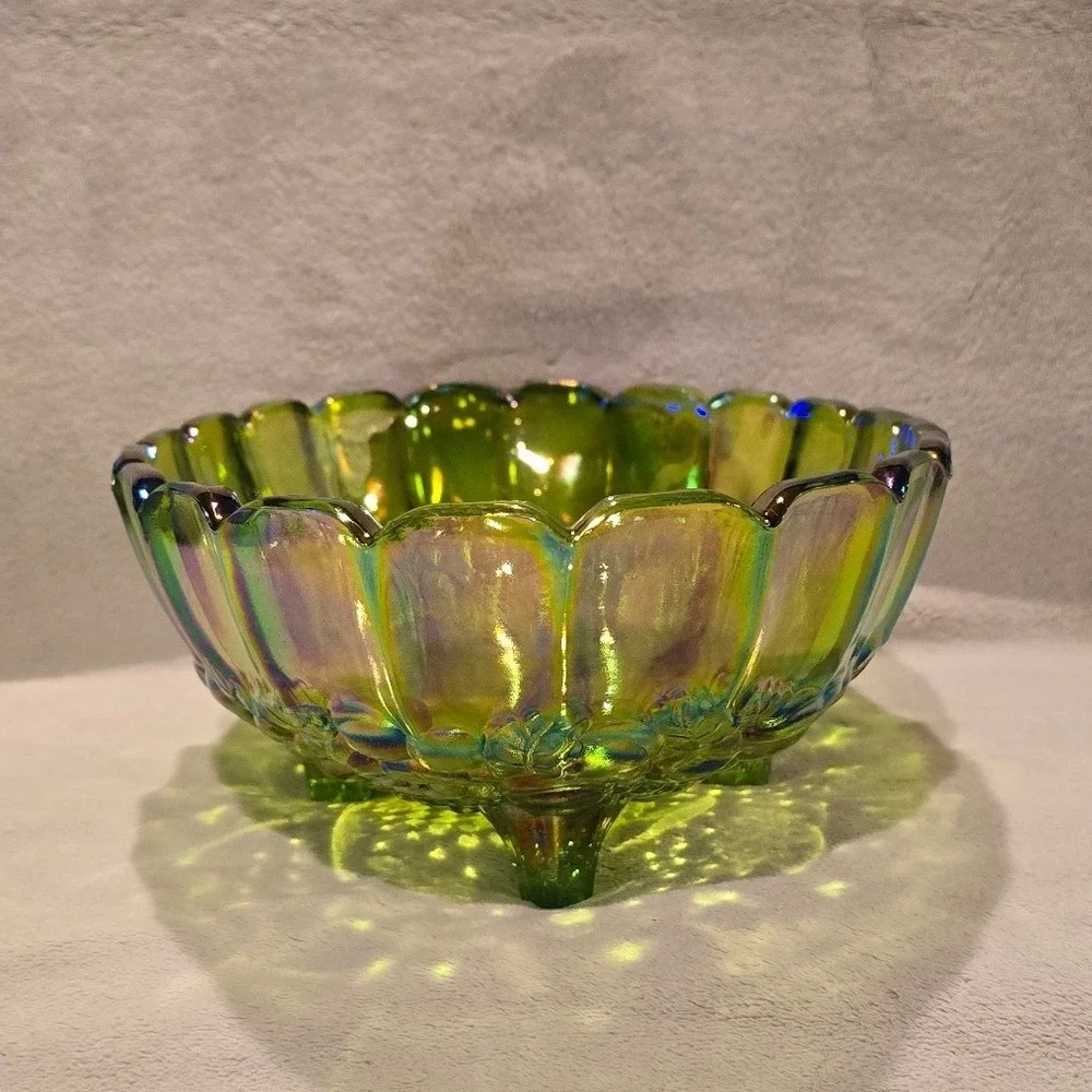 Vintage Indiana Green Carnival Glass Grape Pattern Footed Oval Scalloped Bowl